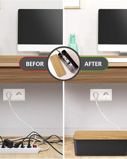 Cable Management Box Large - Wooden Grain Cable Organizer Box to Hide Wires&Power Strips,TV&Desk Computer Wires,with Cable Clips&Reusable Cable Ties for Home&Office(Black)