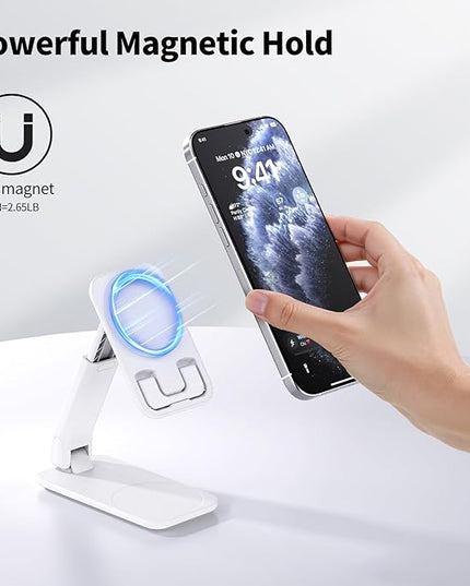 iWALK Magnetic Cell Phone Stand for Desk, Angle and Height Adjustable Mobile Phone Holder, Foldable Magnet Stand for iPhone 17 16 15 14 13 12 Pro Max and iPad, Cell Phone Holder for Samsung, White