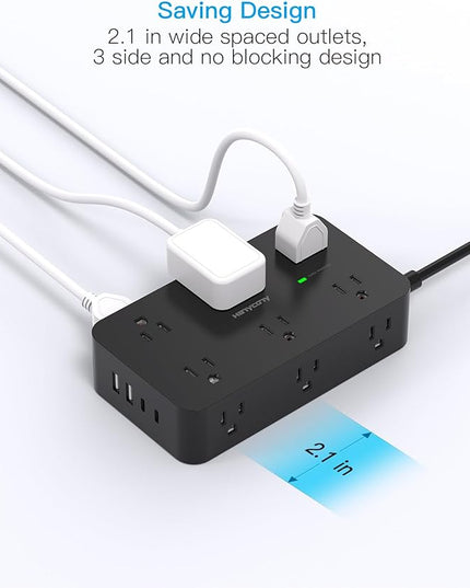 Black Flat Extension Cord 10 Ft, HANYCONY Power Strip Surge Protector with 12 Outlets 4 USB Ports(2 USB C), 1800J, Wall Mount, Desk Charging Station for Office Home College Dorm Room Essentials