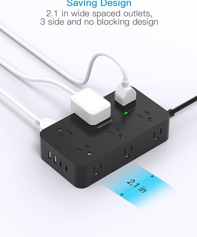 Black Flat Extension Cord 10 Ft, HANYCONY Power Strip Surge Protector with 12 Outlets 4 USB Ports(2 USB C), 1800J, Wall Mount, Desk Charging Station for Office Home College Dorm Room Essentials