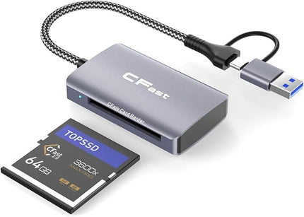 CFast Card Reader, Aiyingmei 1 in 2 CFast 2.0 Card Reader USB to USB C/USB A Cable Compatible with Windows/Mac/Linux/Android (1 in 2)