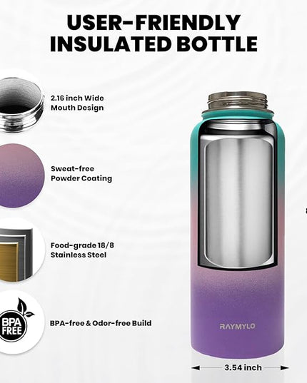 Insulated Water Bottle 32 oz, Triple Wall Vacuum Stainless Steel (Cold for 48 Hrs), Leak Proof & Non-BPA, Modern Water Flask Jug with Paracord Handle & Straw Spout Lids, Hydrangea