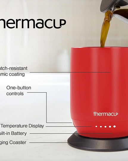 THERMACUP Premium Heated Coffee Mug with 5 Temperature Settings, Industry-Leading Smart Electric Cup, Up to 8-Hour Battery, 12oz with Lid (14oz Total Capacity), Cherry Red