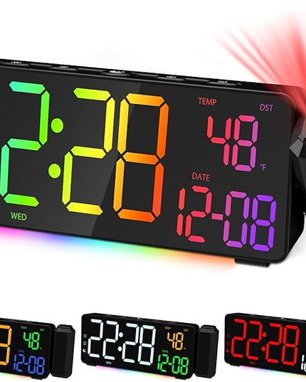 Projection Alarm Clocks, RGB Desk Clock with 180° Rotatable Projector 15 Color Display, Date Temperature and Weekday, DST, Snooze, Ambient Lighting for Living Room,Bedroom Bedside Office Decor