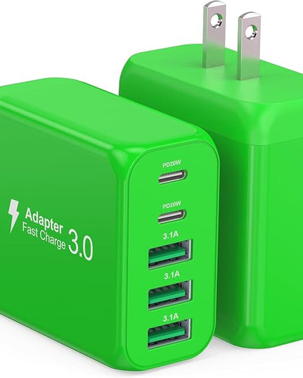 60W USB C Wall Charger Block,5-Port C Charger Fast Charging Block PD Power Adapter +QC 3.0 Multiport Type C Box Charger Cube USB A Wall Plug for iPhone 14/15/16/17 Pro Max Plus,Samsung(Green)(2-Pack)