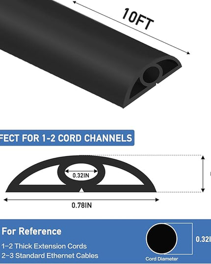 Floor Cord Cover Self Adhesive Cord Hider Floor Extension Cord Covers for Floor Power Cord Protector Cable Management Prevent Cable Trips Cable Cavity 0.32" W x 0.32" H (Black, 10Ft)