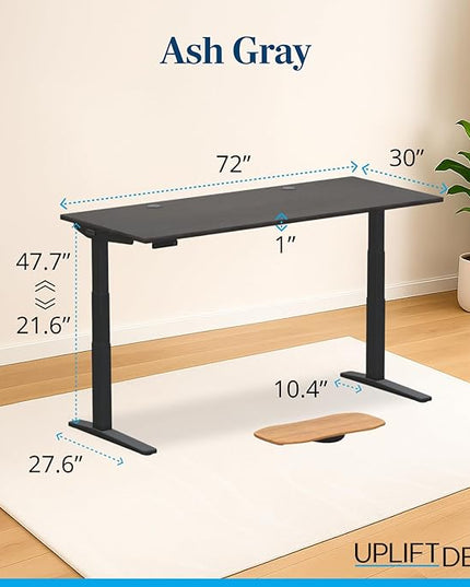 UPLIFTDESK V3 2-Leg Ash Gray Laminate Wood Standing Desk – Adjustable Height, Advanced 1-Touch Memory Keypad, Under Desk Cable Management, Wire Grommets & Rocker Board (Black -Frame, 72 x 30 inch)