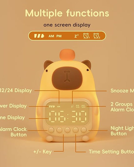 Capybara Alarm Clock with Night Light for Kids, Cute Toddler Alarm Clocks for Bedrooms Ok to Wake Clocks for Girls and Boys, Silicone Animal Tabletop Lamp for Kid, RGB Color