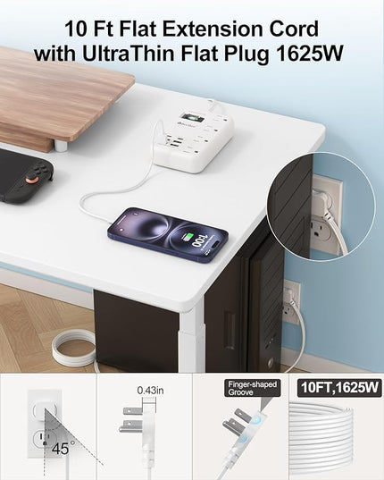 6 USB(2 USB C) Surge Protector Power Strip- 10 Ft Extension Cord with 24W USB Charging Station and 4 Outlets, Long Flat Extension Cord with Multiple Outlets for Travel Home Office Dorm White