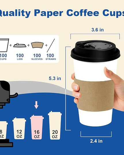 Coolcap 16 oz 100 Pack Coffee Cups with Lids and Sleeves, Straws, Hot Disposable To Go Travel Paper Cups Bulk for Office, Home Coffee Bar Accessories, Chocolate, Cocoa, Beverage (White)