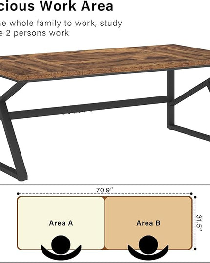 HSH Large Rustic Brown Computer Desk, 70 Inch Home Office Metal Wood Desk for 2 Person, Farmhouse Extra Long Writing Study Gaming Table, Bedroom Living Room PC Laptop Dual Monitor Desk