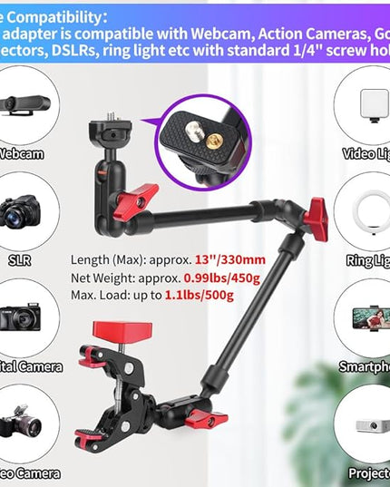 22" Magic Arm Camera Mount, Articulating Arm Tripod Clamp w Thread Adapter, Friction Camera Boom Arm, Overhead Desk Mount Clamp Stand for Phone, Webcam, Mic, Video Rig, Tripod Light