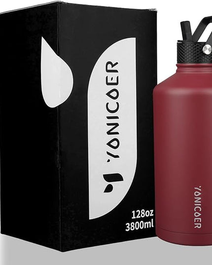 Insulated Water Bottle 128oz,Triple Wall Vacuum Stainless Steel(Dishwasher Safe),Leak Proof & Non-BPA,Flask Jug with Paracord Handle & Straw Spout Lids Sports Red