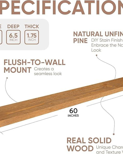 Homeforia 60 inch Golden Oak Floating Shelf, High End Solid Real Wood 60inch Small Floating Shelves for Wall Mounted, Oak Wooden 60in Floating Shelves, Heavy Duty Bracket, 60 X 6.5 X 1.75 in, Set of 3