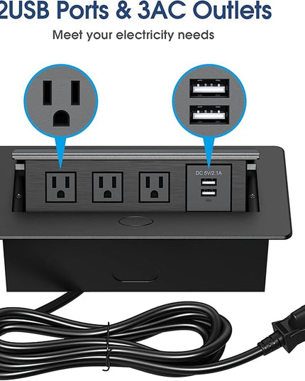 KYHSHJ Connection Box Desktop Pop Up Outlet with 2 USB Ports & 3 Outlets(Black)
