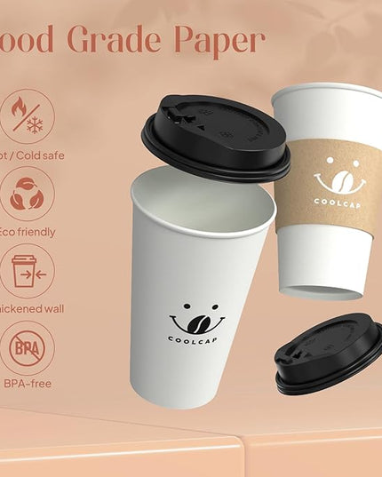 Coolcap Coffee Cups with Lids and Sleeves, 16 oz 50 pack To Go Cups with Lids, Paper Hot Coffee Cups for Hot & Cold Beverage (White, 16 oz)