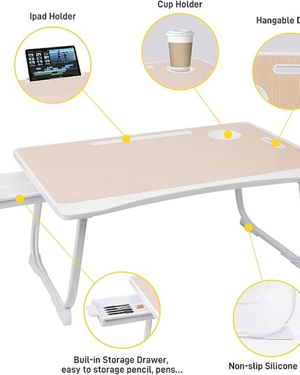 Amaredom Laptop Bed Desk Tray Bed Table, Foldable Portable Lap Desk Notebook Stand Reading Holder with Storage Drawer and Cup Holder for Eating Breakfast on Bed/Couch/Sofa-White Oak