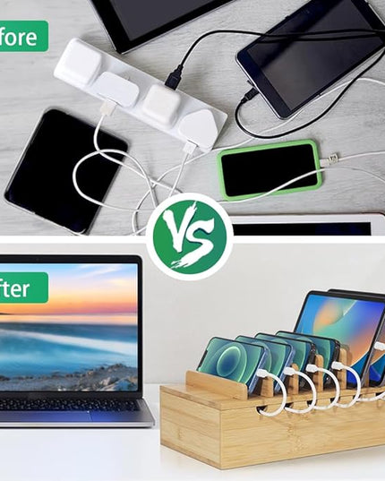 Bamboo Charging Station for Multiple Devices, Desk Docking Stations Organizer Compatible with iPhone Devices, Wood Charging Cell Phone Holder Stand (Includes 6 Cables) (NO Power Supply)