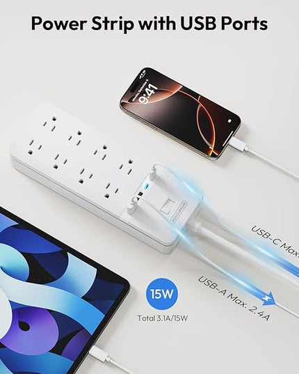 25 ft Extension Cord Flat Plug, NTONPOWER 8 Outlet Surge Protector Power Strip with USB Ports, 1080 Joules, 15A Circuit Breaker, Wall Mount for Home Office Workshop or Garage, ETL Listed, White