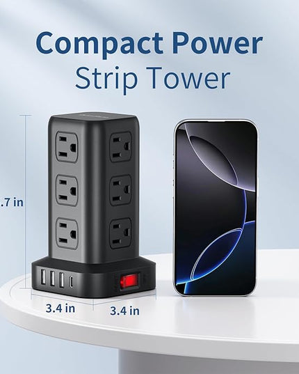 Surge Protector Power Strip 6.5 FT Cord, Power Strip Tower with 4 USB Ports (1USB C), Extension Cord with 12 AC Multiple Outlets, Home Office Supplies Desk Accessories, Dorm Room Essentials