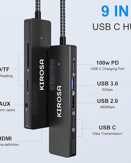 KIROSA USB C Hub: 9IN1 Multiport Adapter for Macbook Pro Air - USBC to HDMI Hub Dongle - Pocket USB-C Docking Station for Laptops and Type C Devices (4K HDMI 100W PD USB3.0 SD/TF Card Reader)