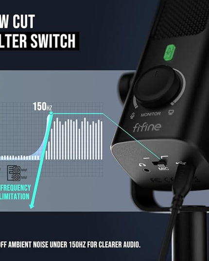 FIFINE USB-Podcast-Condenser-Microphone for Studio-Recording/Computer-Streaming, Desktop-Metal-Mic for YouTube Music Vocal Creation, with Monitor-Mix Volume-Control, Low-Cut Switch (PROFILE3)