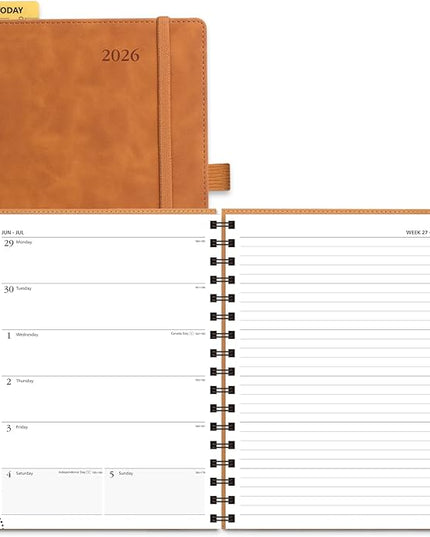 POPRUN 2026 Planner Weekly Notebook (Jan-Dec), Medium 8.5''x 6.5'' - Agenda 2026 Calendar Book with Monthly Tabs, Inner Pocket, Spiral Soft Cover, 100 GSM - Brown