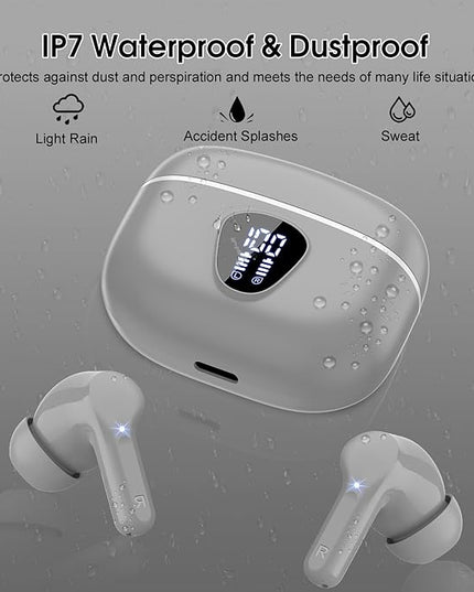 Wireless Earbuds, Bluetooth 5.4 Headphones HiFi Stereo, Bluetooth Earbuds with ENC Noise Cancelling Mic, IP7 Waterproof in Ear Earphones, 48H, LED Display Ear buds for Pad Workout Sports, Grey