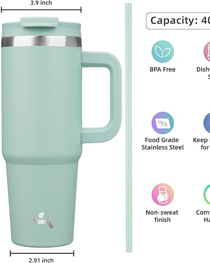 40 oz Tumbler with Handle and 2 Straws,2 in 1 Lid Insulated Water Bottle Stainless Steel Travel Coffee Mug,Retro Green