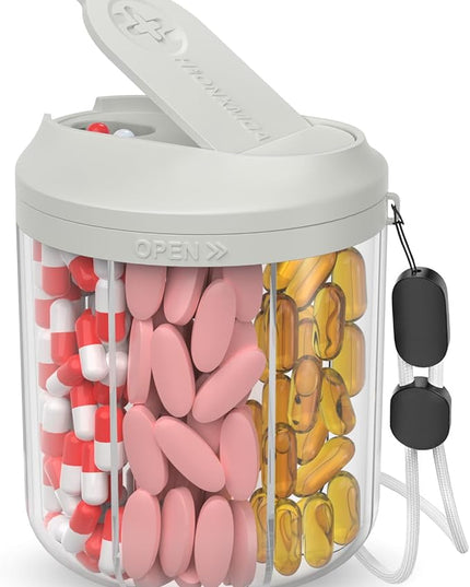 Pill Dispenser with 7 Large Compartments, 4.4" H x 3.6" Dia Pill Organizer for Travel, Supplement Organizer with Anti-Mixing Design, BPA-Free Pill Container with 20 Pcs Labels, Grey