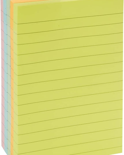 Amazon Basics Sticky Notes, 4x6 Inches, Assorted Colors Self-Stick Pads, Easy to Post for Home, Office, Notebook, 100 sheets/Pad, Pack of 5