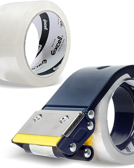 Excell ET-22686 Anti-Backflow Metal Packaging Tape Dispenser (2" Wide) with 2 Roll Tapes for Packaging, Transportation, Moving and Box Sealing Carton (Tape Gun + 2 Tapes)