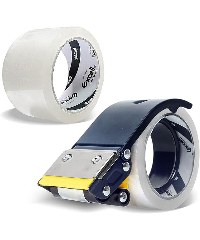 Excell ET-22686 Anti-Backflow Metal Packaging Tape Dispenser (2" Wide) with 2 Roll Tapes for Packaging, Transportation, Moving and Box Sealing Carton (Tape Gun + 2 Tapes)