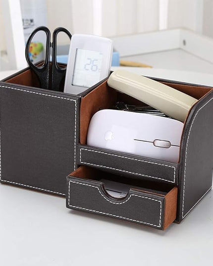 KINGFOM Desk Organizer Office Supplies Caddy Pu Leather Multi-function Storage Box Pen/Pencil,Cell phone, Business Name Cards Remote Control Holder with Small Drawer Brown