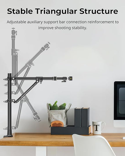 SMALLRIG Triangle Camera Desk Mount, Max. Load 3kg/ 6.6lbs, Overhead Mount with Auxiliary Support Rod, with Phone Holder and Small Ball Head for Camera/Phone/Light/Webcam