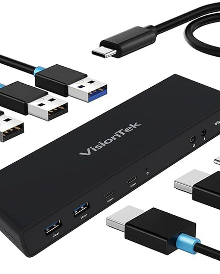 VisionTek VT4500 12in1 Docking Station Dual Monitor 4K – x2 HDMI, x2 DisplayPort, 60W USB-C PD, x4 USB-A 3.0, x2 5Gbps USB-C, 3.5mm Audio Jack, & Ethernet – Compatible with Laptop, PC, and MacBook