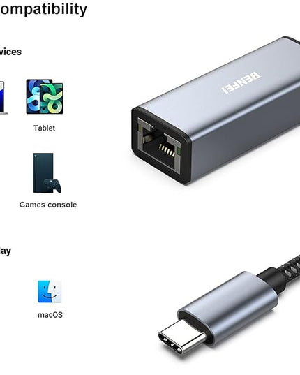 BENFEI USB-C to Ethernet Adapter, USB Type-C (Thunderbolt 3/4) to RJ45 Gigabit Ethernet LAN Network Adapter Compatible with iPhone 15 Pro/Max, MacBook Pro/Air 2023, iPad Pro,iMac, S23, XPS 17 and More