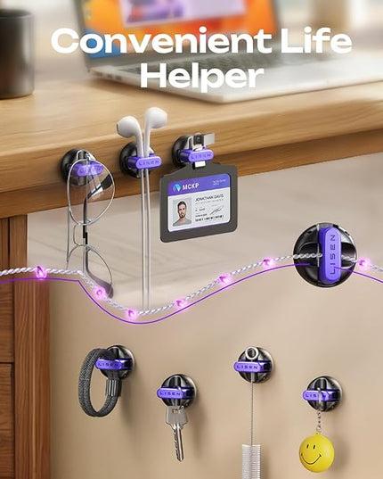 10-Pack Magnetic Cable Clips [1S Snap-On] Cord Holder, LISEN Office Desk Organizers and Accessories with 5 Extra Strong Adhesive Pads, Wire Organizer for Nightstand, Home, Wall, Car, Desktop, Purple