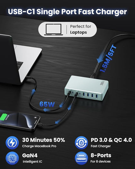 200W USB C Charger Block,GaN IV Charging Station 8 Ports,QC4.0 Fast Charging Station Hub+PD 65W USB C Laptop Charger Adapter Compatible with MacBook Air/Pro,DELL,iPhone 17/16,iPad,Steam Deck-Sky Blue