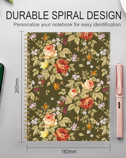 Spiral Journal Notebook for Women,A5 College Ruled Notebooks 6"x 8.4", 120 Pages (60 Sheets) Lined Journal with Premium Thick Paper,Perfect for School Office Home(Green Leaf Flower)