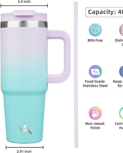 40 oz Tumbler with Handle and 2 Straws,2 in 1 Lid Insulated Water Bottle Stainless Steel Travel Coffee Mug,Lavender Green