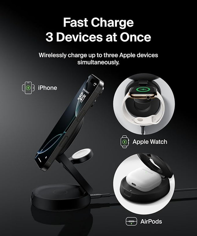 Belkin MagSafe Charger Compatible, 3-in-1 Qi2 15W Wireless Charging Station, Convertible Wireless Charger for iPhone 17, Apple Watch, AirPods, Pixel 10, Phone Stand for Travel w/ 36W Adapter - Black