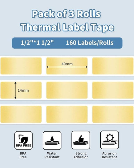 Phomemo D30 Label Tape, for D30 D35 Q30 Q30S Q31 Q32 Label Maker, Black on Glitter Transparent Gold Sticker Thermal Paper Self-Adhesive, 14mm x 40mm (1/2" x11/2) 160 Tapes/Roll, 3 Rolls