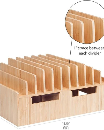 MobileVision Bamboo 10-Port Charging Station & Docking Organizer for Smartphones & Tablets, Family-Sized, for use in Corporate Offices & Classrooms