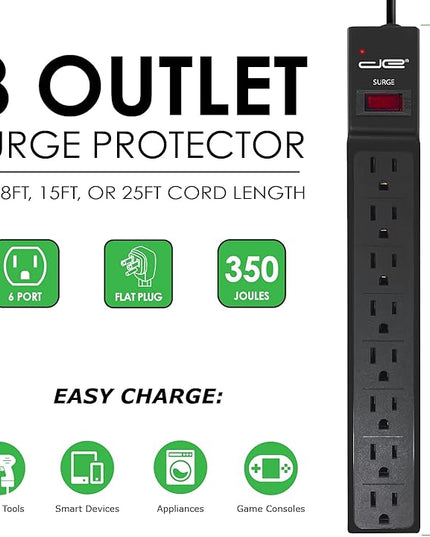 Digital Energy 25 FT 8 Outlet Surge Protector Power Strip - 15 AMP, 1875 W, 125 V, 350 J Surge Protection, ETL Listed - Flat Plug, Black