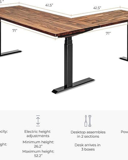 S STAND UP DESK STORE Triple Motor Electric L-Shaped Corner Standing Desk with EZ Assemble Frame (Black Frame/Solid Walnut Top, 71 inch W x 71 inch D)