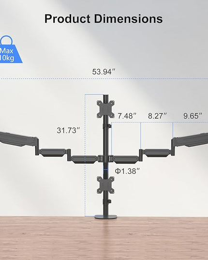 Pholiten Quad 4 Monitor Arm Desk Mount for Max 32 inch Screens, Gas Spring Adjustment Monitor Stand with VESA 75x75mm, 100x100 mm, Clamp & Grommet Install Black MD18864