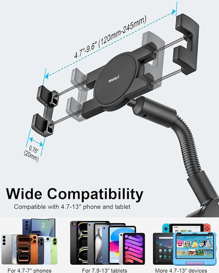 Gooseneck Bike Tablet Mount, Bike Holder - Adjustable Arm Tablet Holder for Motorcycle, Bicycle Scooter Handlebar Clamp, Compatible with iPad Pro Air Mini, Galaxy Tabs, Z Fold, iPhone, 4.7-13" Devices