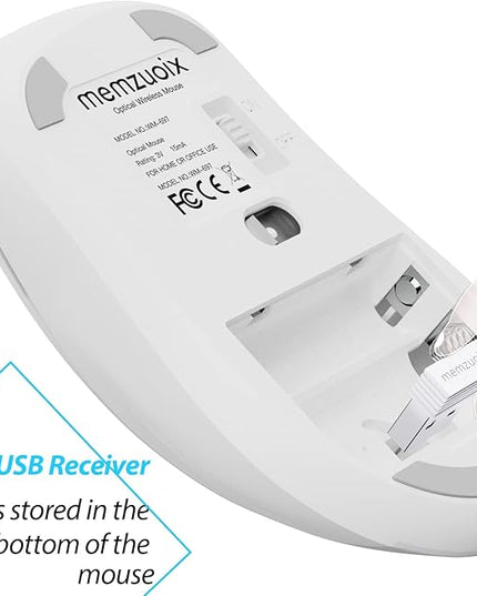 memzuoix 2.4G Wireless Mouse, 1400 DPI Computer Mice with USB Receiver, Portable Wireless USB Mouse Battery Powered Cordless Mice for Laptop, PC, Desktop, 5 Buttons (White)