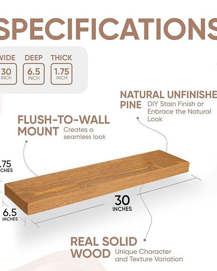 Homeforia 30 inch Golden Oak Floating Shelf, High End Solid Real Wood 30inch Small Floating Shelves for Wall Mounted, Oak Wooden 30in Floating Shelves, Heavy Duty Bracket, 30 X 6.5 X 1.75 in, Set of 3